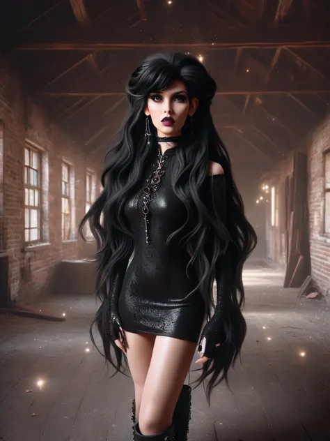 a 3d photorealistic image of a gothic woman with black hair and extremely long, ultra-realistic hair. she is wearing a black pvc...