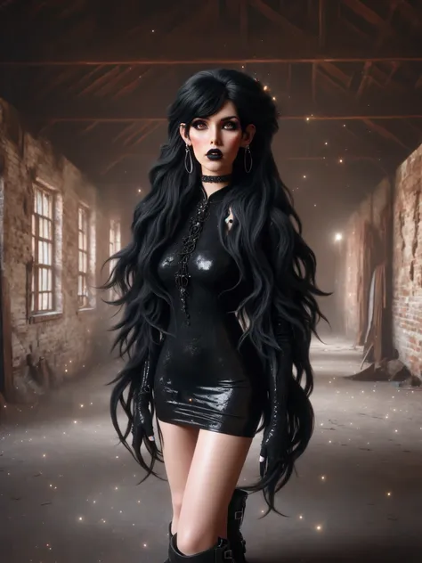 a 3d photorealistic image of a gothic woman with black hair and extremely long, ultra-realistic hair. she is wearing a black pvc...