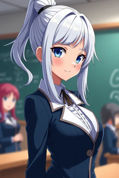 My Hero Academia anime panels, the character is female, pure white hair tied up, 2 bangs, dark blue eyes, she is a hero, she is wearing the UA school uniform and she is in class