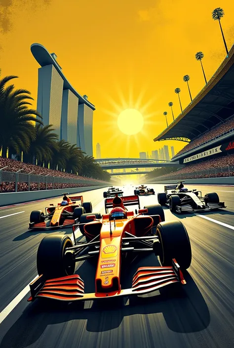 I need an illustration for the Formula 1 Grand Prix in grunge style. Yellow, black colors. Realistic and high quality Singapore in the background. Drivers Banner without text on the background. Racers compete to see who will win. Realistic racing cars.