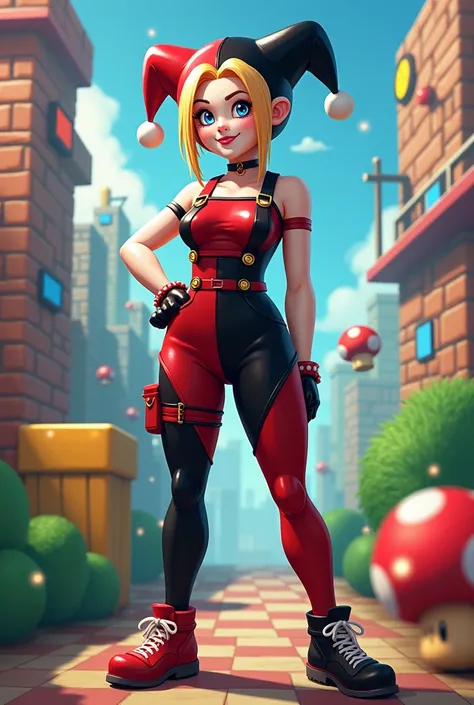 Full body shot of Harley Quinn reimagined as a Super Mario Bros character