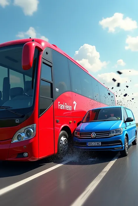 A newer red coach with the inscription Frank Reisen collided with a blue VW driving in front of the bus 