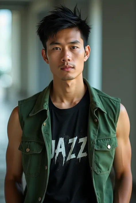 Man with Thai nation short hair in the middle born in 1979 ware jean real bootcut with black t-shirt screen with metal band , bold green color jacket no arm jumper  and long arm, not jacket jeans  , on shoe use convert band. love rock ,jazz music. work in ...