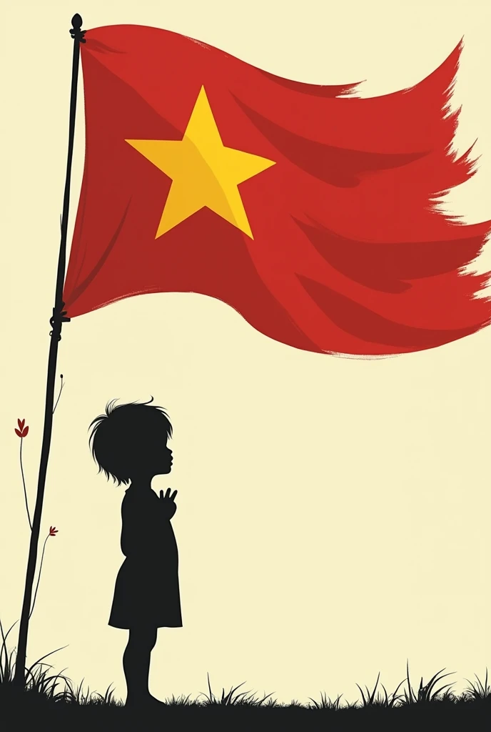 Image of a silhouette of a Vietnamese child, one hand placed on the left chest, one hand relaxed, but the person is drawn small in one corner of the picture, eyes looking towards the flag, the flag is fluttering, but the child&#39;s body is only one third