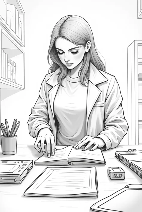 Can you draw a college girl make invention that the challenges she face everyday she wants to address. make it easy to draw make it black and white