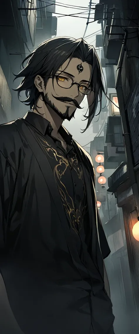 Anime Style。(((One personで: 1.2))),Alley in the fog。Glasses。Bust Shot。dutch angle shot。medium shot。Gold decoration。Thin young man in a black silk shirt。Nihilistic smile, mustache and beard, medium length hair。He has a black tattoo on his forehead。Golden Ey...