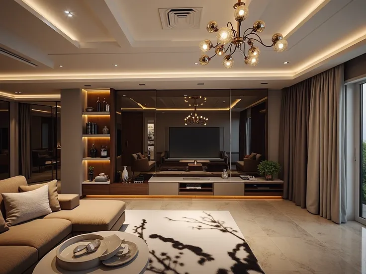 A modern and luxurious living room,photorealistic,high quality,8K resolution,intricate details,glass wall,coffered ceiling,tiled floor,TV stand,sofa,plush furniture,warm lighting,rich color palette,elegant decor,premium materials,chiaroscuro lighting,drama...