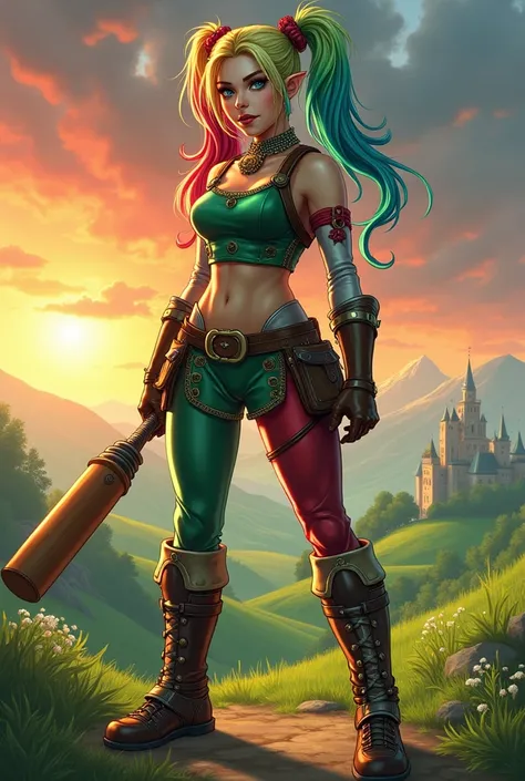 Full body shot of Harley Quinn reimagined as a Legend of Zelda character