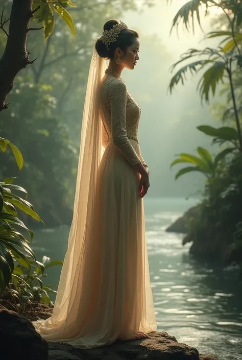 Traditional Malay woman, standing on rock, back view, hair bun, long neck, noble jewelry, baju kurung kebaya, white dress, transparent veil, embroidery, barefoot, polite body contour, perfect body ratio, tropical river, lush greenery, fantasy setting, myst...