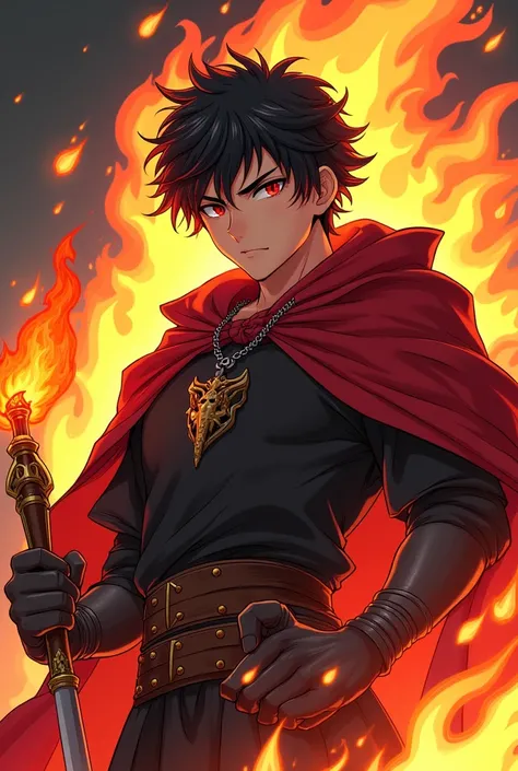 Anime style design of a young, semi-burly man, wearing a red hood and underneath with dark cut hair in blood red colors, with bright crimson eyes, knight dressed in medieval tunics of mostly red and black colors and , with details on the chest of the armor...