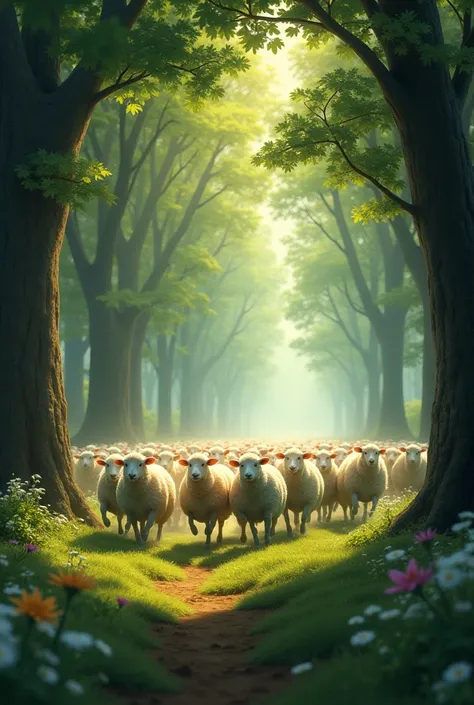 A group of sheeps is running into a forest 