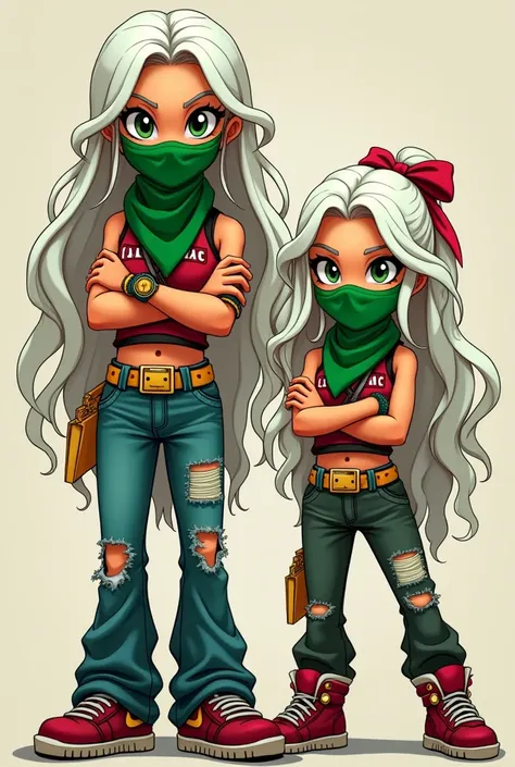 mother and daughter;
white hair, long hair, wavy hair, green bandana mask, arms crossed, gangster, hip hip clothes
realistic cartoon;