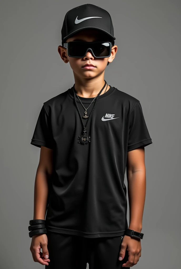 a boy wearing black nike outfit, black nike hat black gogals , black locket and 3 black bracelet wearing