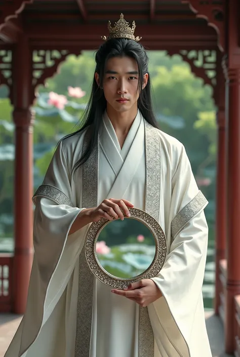 High quality, a beautiful Asian man in his early twenties, long black hair, no facial hair, wearing white and silver robes of 17th century Japanese royalty, holding round silver mirror decorated with gems, standing in the wooden pavillion decorated in roco...