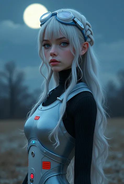 semi realistic, beautiful girl, side view, medium shot, straight look, expressionless, literal grayish white skin, blush on, gray eyeshadow, eyelashes, blue eyes, silver shiny wavy long hair, top multiple braids, hime bangs, black turtleneck, long sleeves,...