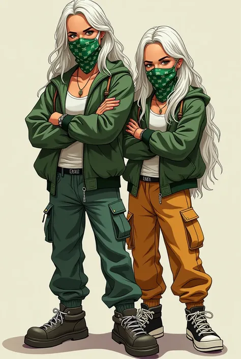 mother and daughter;
white hair, long hair, wavy hair, green bandana mask, arms crossed, gangster, hip hip clothes
realistic cartoon;