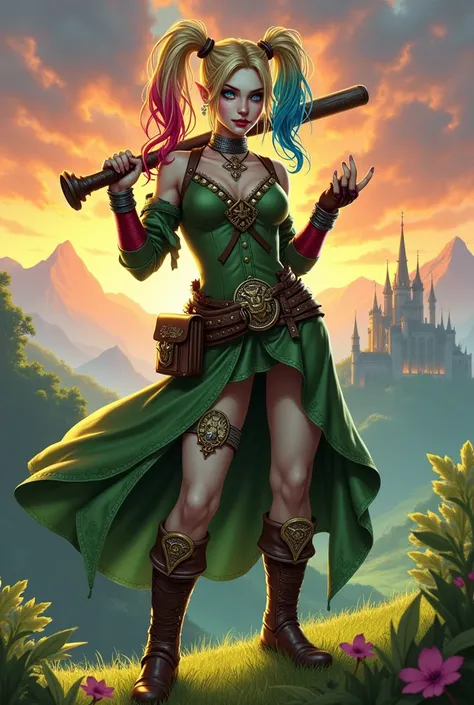 Full body shot of Harley Quinn reimagined as a Legend of Zelda character