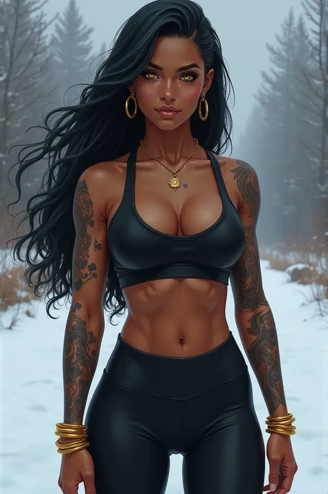 athletic woman, anime, black, DARK SKIN, golden-eyed, long eyelashes, tattoos on arms, a scar on the chest, golden rings on the fingers, golden earrings, painted in oil, cold colors, brown hair and tied, a part of the hair shaved, smile, thick eyebrows, be...