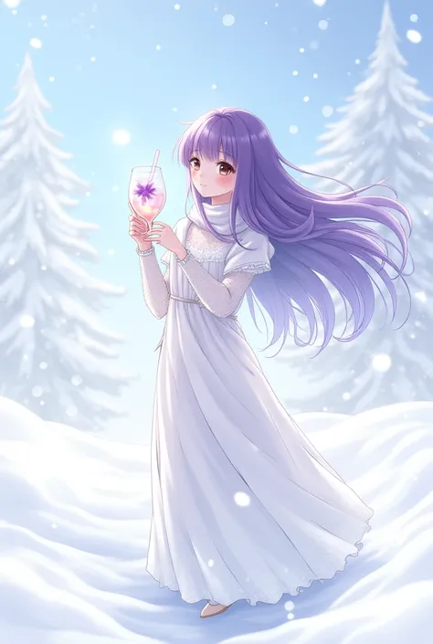 Anime girl with purple hair wearing a white dress and scarf in a snowy place while holding a glass of drink with a clear white glass and a purple lid and a white straw.