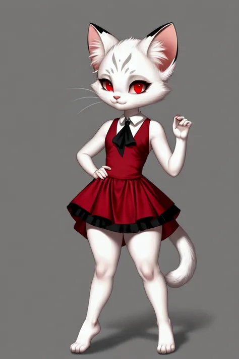 Little slim female vampire kitten with nice big thighs and black and white fur and cute red eyes and she is wearing a short dress with a full body mini skirt and she is .