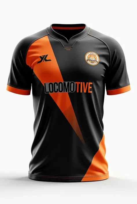 Design an e-sports jersey with a modern design. The shirt should be predominantly black with vibrant orange details.. Include dynamic, angular orange strokes that run across the front of the shirt, giving a modern look. The circular round logo should be lo...