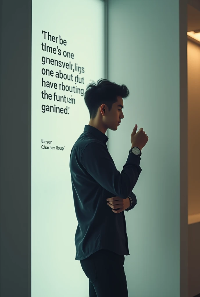 A young man standing in front of quote and seeing his watch 