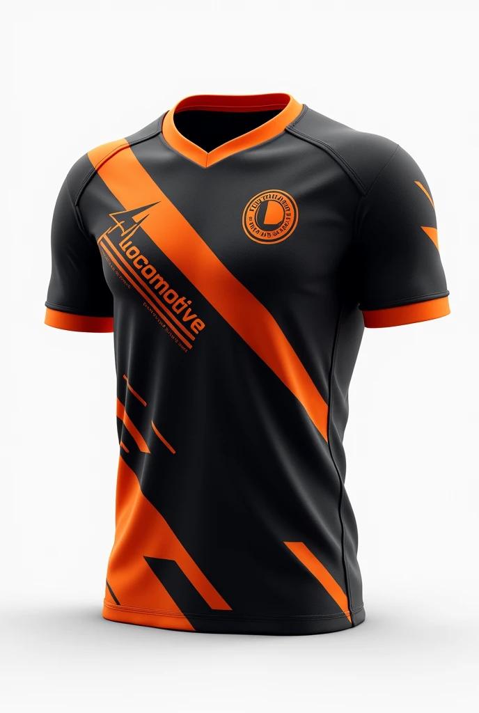 Design an e-sports jersey with a modern design. The shirt should be predominantly black with vibrant orange details.. Include dynamic, angular orange strokes that run across the front of the shirt, giving a modern look. The circular round logo should be lo...