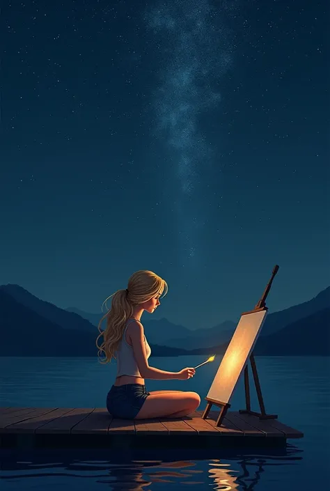 Generate an image of a woman, with long blond hair, sitting on a pier at night, painting a picture of the stars you see in the sky.