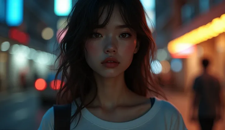 A beautiful detailed woman, slender body, dark brown hair, wearing a t-shirt, walking on a night city street, extremely detailed face and skin, intricate eyes, double eyelids, (best quality,4k,8k,highres,masterpiece:1.3),ultra-detailed,(realistic,photoreal...