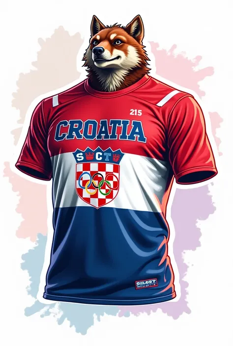 A t-shirt design with white, red, and blue colors. On the upper left side, place the schools symbol, and on the upper right side, place the Croatian flag. In the center, include a Croatian animal mascot. On the right sleeve, place the Croatian flag, and on...