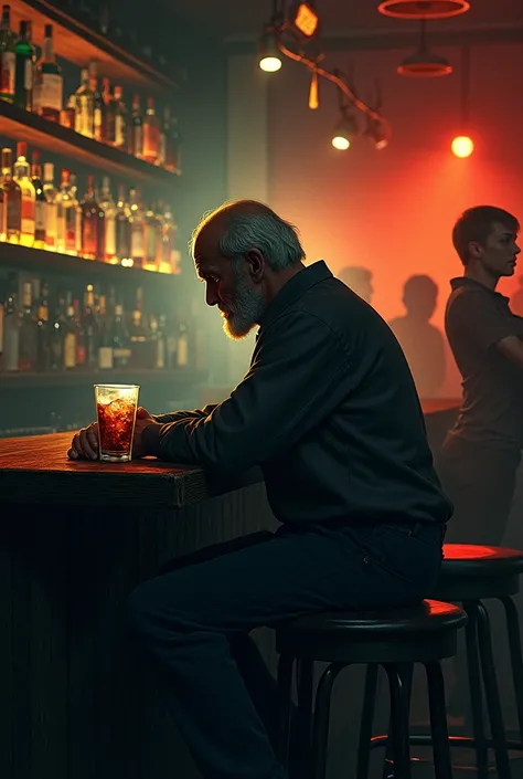 A bar in wich there is an old alcoholic man who regrets his drinking and in the other side of the bar young people drinking and partying 