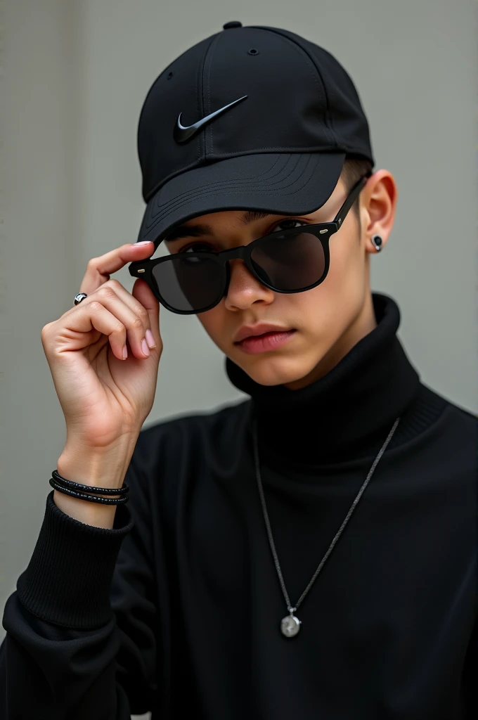 a boy wearing black nike outfit, black nike hat black slim gogals , black simple locket and 3 simple black bracelet wearing and right hand touching front side of cap. Half cropped dimensions 