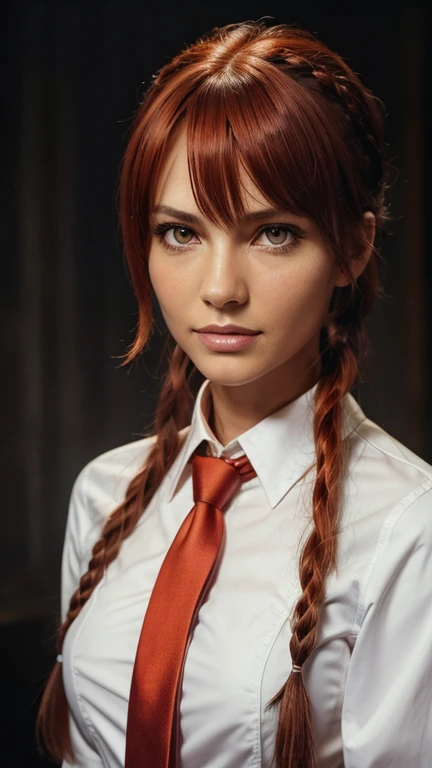 makima (chainsaw man), best quality, ultra detailed, 1girl, solo, standing, red hair, long braided hair, golden eyes, bangs, medium breasts, white shirt, necktie, stare, smile, (evil:1.2), looking at viewer, (interview:1.3), (dark background), from below, ...