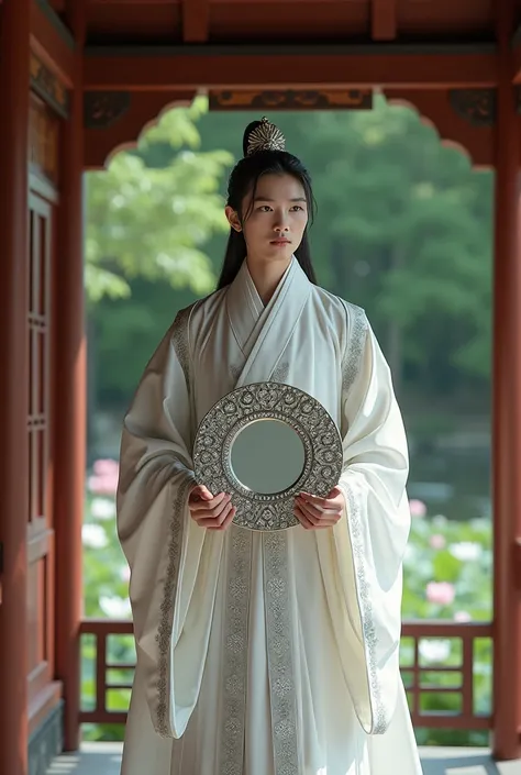 High quality, a beautiful Asian man in his early twenties, long black hair, no facial hair, relaxed facial expression, wearing white and silver robes of 17th century Japanese royalty, holding round silver mirror decorated with gems, standing in the wooden ...