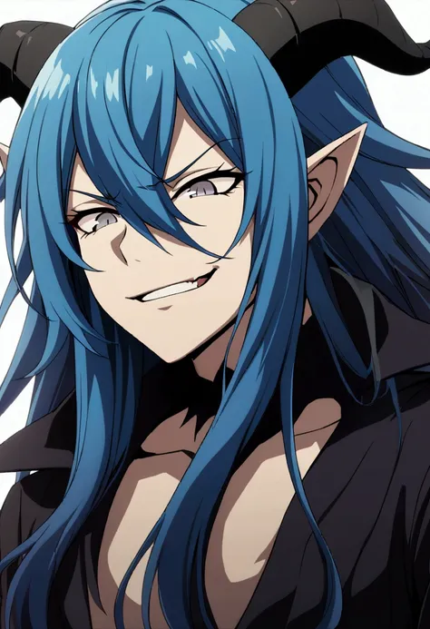 1boy, blue long hair, hair between eyes, gray eyes, demon boy, CG, goat horns, sadistic smile