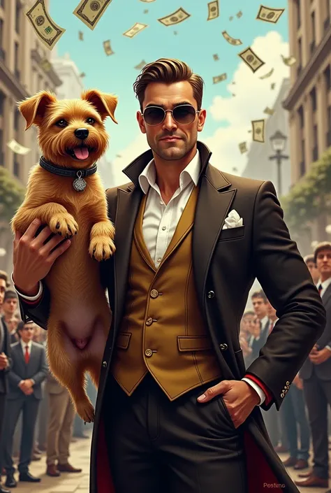 A rich man, attitude, wearing expensive clothes,with a adopted dog in hand ,a men, background with fans or sporters with different  different clothes and saying thanks to god,the fan is not near , with too much money in sky , money is dropping from sky , m...