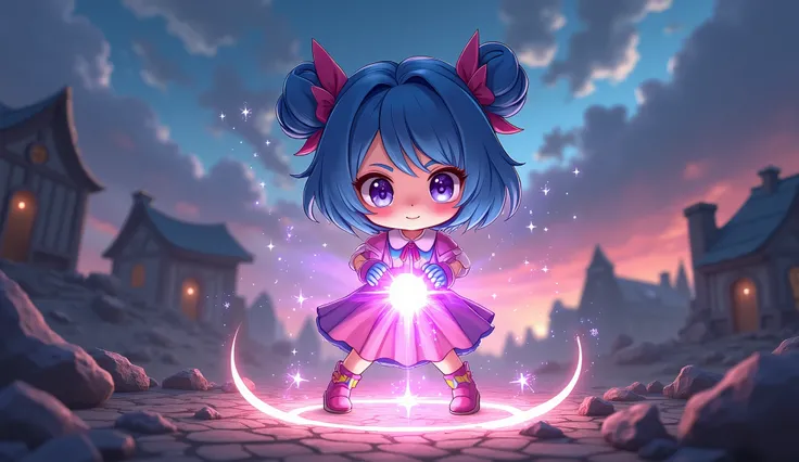 The chibi-style girl with short blue hair in buns, large purple eyes, and a confident expression is holding the glowing mirror in front of her. A bright beam of magical light reflects from the mirror, overwhelming Malvor as his dark magic disintegrates. Th...