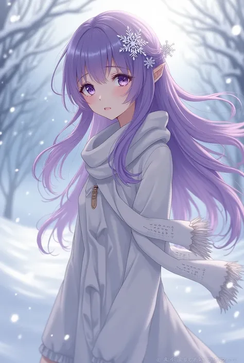 Anime girl with long purple hair wearing white clothes and scarf in a snowy place