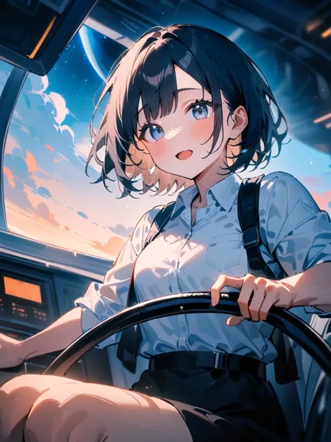 masterpiece, best quality, very aesthetic, absurdres, newest, asymmetrical bangs, tareme, 1girl, solo, looking at viewer, short hair, open mouth, bangs, blue eyes, shirt, black hair, sitting, sky, bag, grey eyes, helmet, star (sky), starry sky, collared sh...