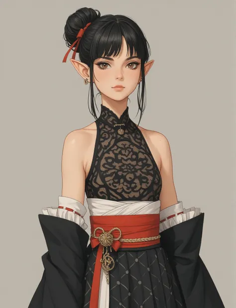 Create a digital illustration of a female character with elf ears with round dots instead of eyebrows. For the hairstyle, she should have black hair styled into a single bun at the back of her head, complemented by asymmetrically chopped bangs that transit...