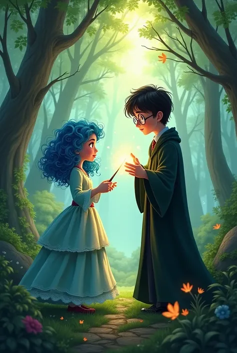 Image of Princess Chloe, Cinderella&#39;s daughter, with curly blue hair next to Harry Potter teaching her how to cast the Spectre Patronus spell