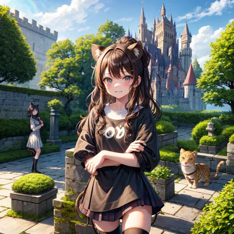 Rainbow brown hair、Rainbow Eyes、Wavy Hair、Hair tied up、Two cute、Checked mini skirt、Black T-shirt、Cat ear hood、Black knee-high socks、Teeth are visible、Monster Castle、Tilting face、lawn、In front of the city gates、The stone is cracked、Uneven ground、Stone Wall、...