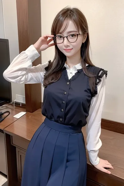 best quality、masterpiece、high sensitivity、high resolution、detailed description、slender women、glasses、long skirt、