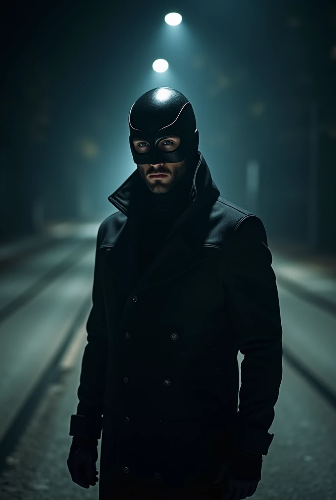 A young handsome man with black mask 
standing in front of car halogen lights in the Dark  empty road 
