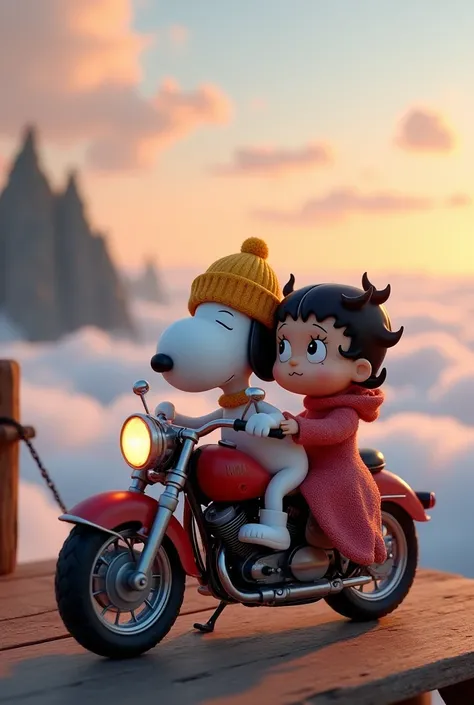 Mini snoopy and mink betty boop, Mini snoopy, riding on a red and white motorcycle, mini betty boop sitting behind snoopy, snoopy wearing yellow wool hat, mini betty boop wearing a winter drers with boots, wool hat, both on the a wooden bar, background is ...