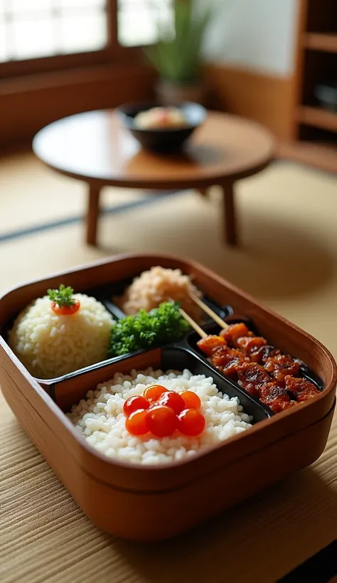 ((Best Quality)), ((masterpiece)), (detailed),
Japan style house、Round chabudai table、tatami、
There is a delicious lunch box。
An oval-shaped bamboo lunch box。
The bento box has pickled plums on top of the rice.、Grilled Mezazi、Greenpeace、Made with Sakura De...