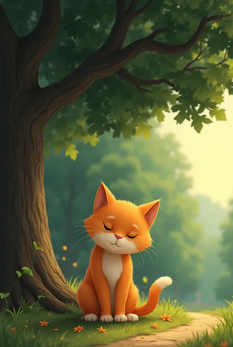 sad orange cat sitting under the tree and waiting for his owner to come