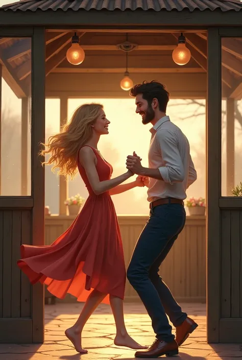 Generate the image of a happy woman with long blonde hair dancing with her boyfriend with dark skin and very short hair, well trimmed, they are in an old kiosk 