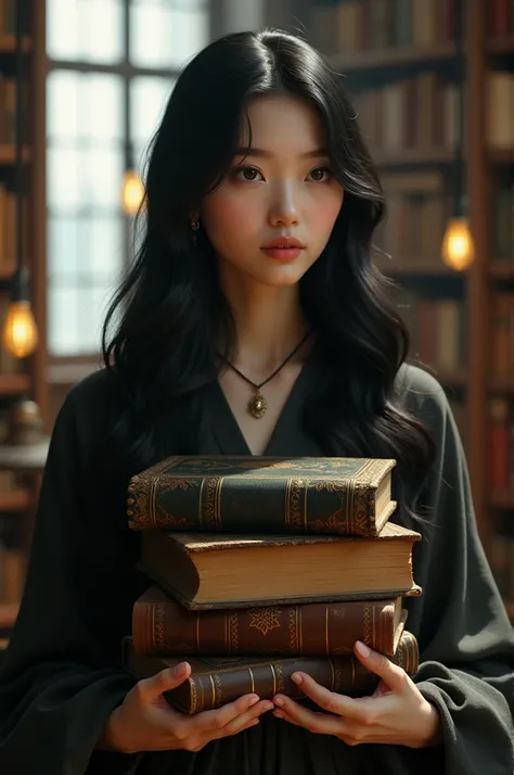 Create an image of a woman with long black hair holding books