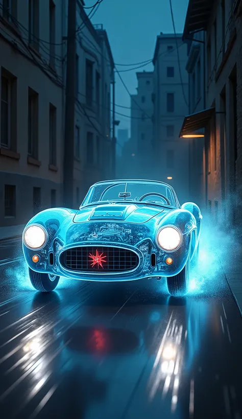 Bright comic cartoon. Front view of a ghostly transparent vintage sport car with glowing headlights speeding down a deserted alley at night.